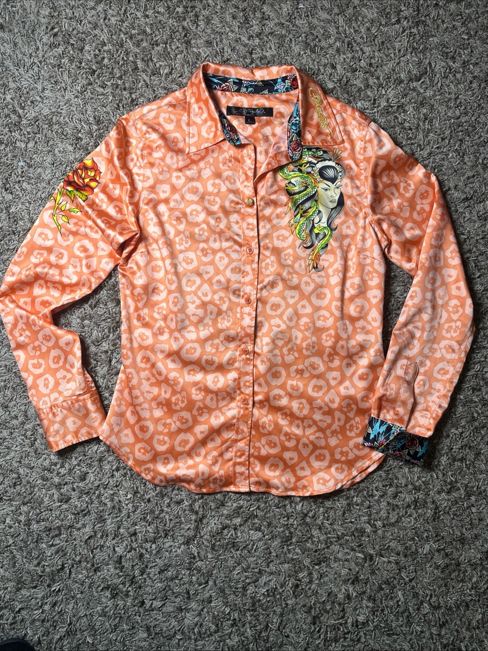 Ed Hardy by Christian Audigier Womens L Leopard Print Button Top Tiger Geisha